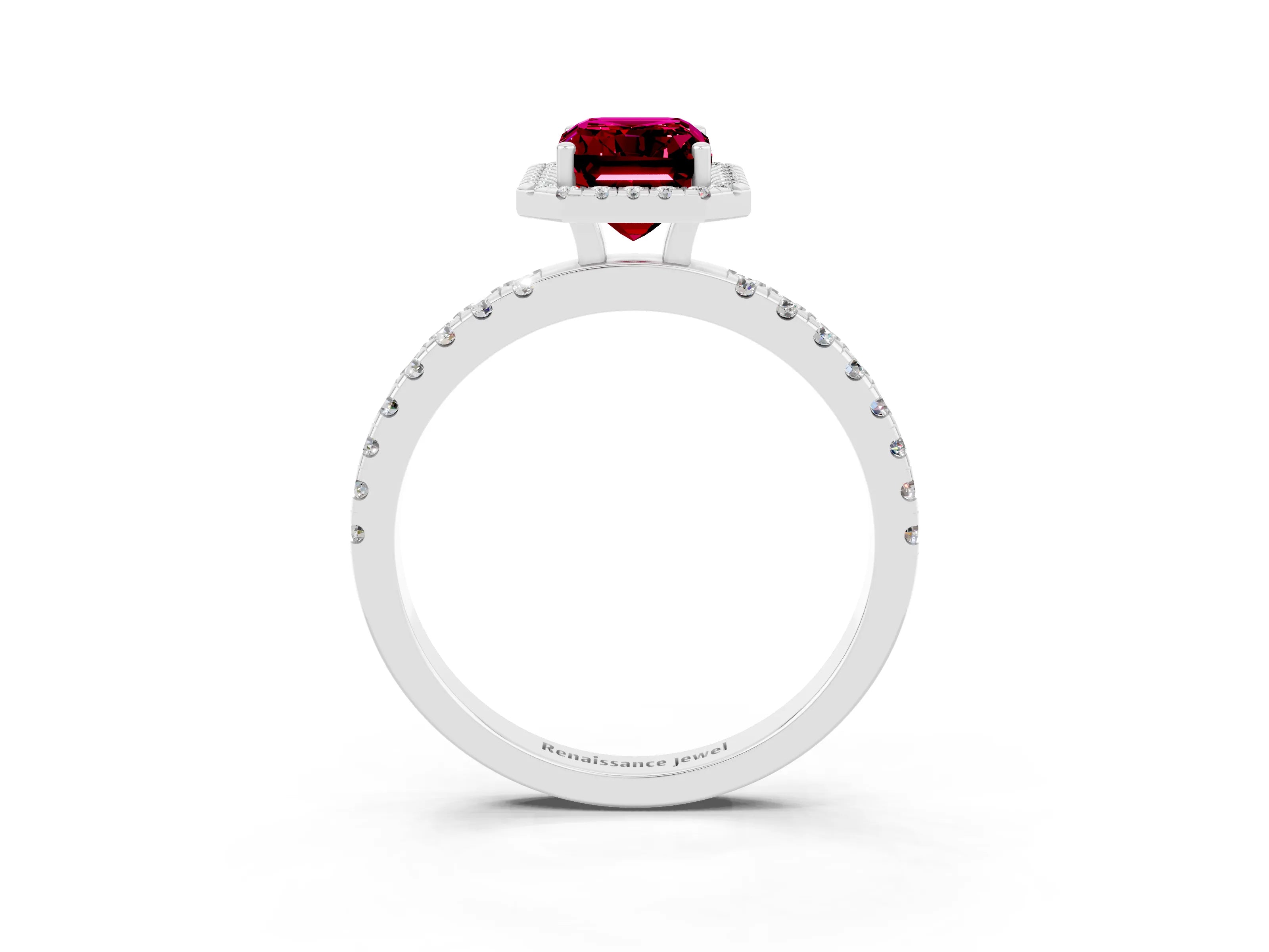 White gold Emerald Cut Halo Diamond Pave Band with Prong Setting_3