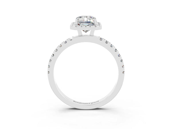 Silver Emerald Cut Moissanite Classic Halo Engagement Ring with Round Pavé Band and Prong Setting
