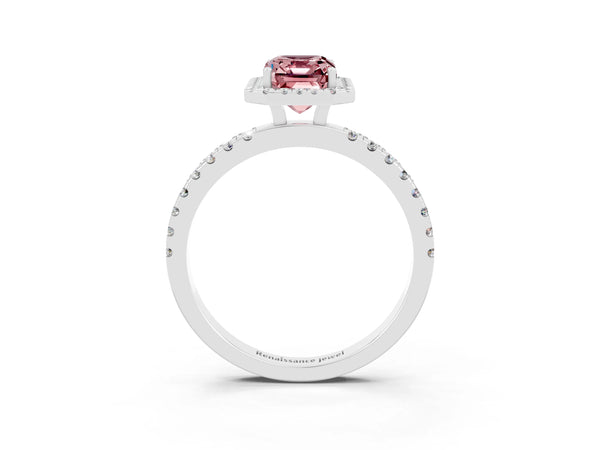 Platinum Emerald Cut Halo Diamond Pave Band with Prong Setting