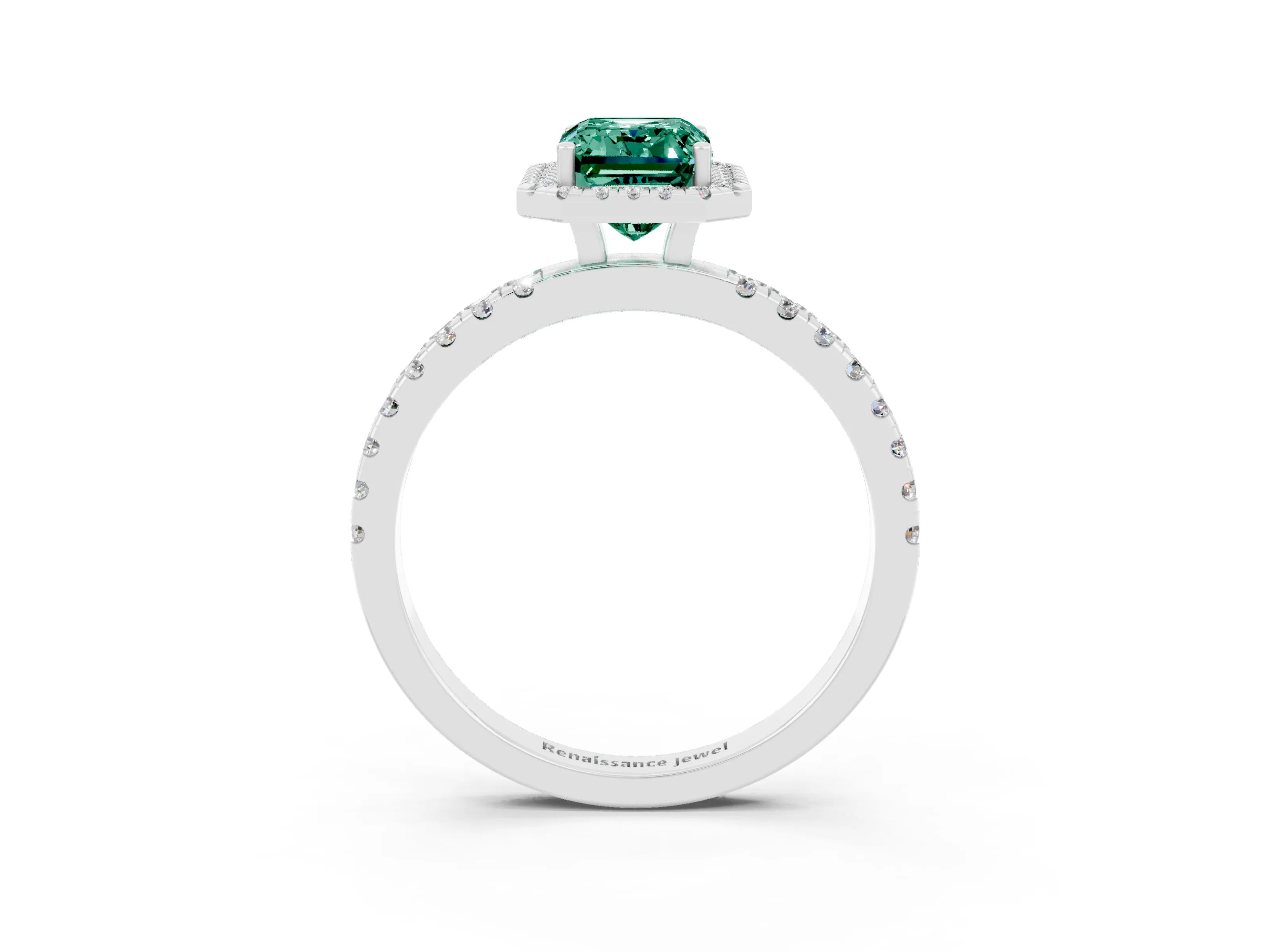 White gold Emerald Cut Halo Diamond Pave Band with Prong Setting_3