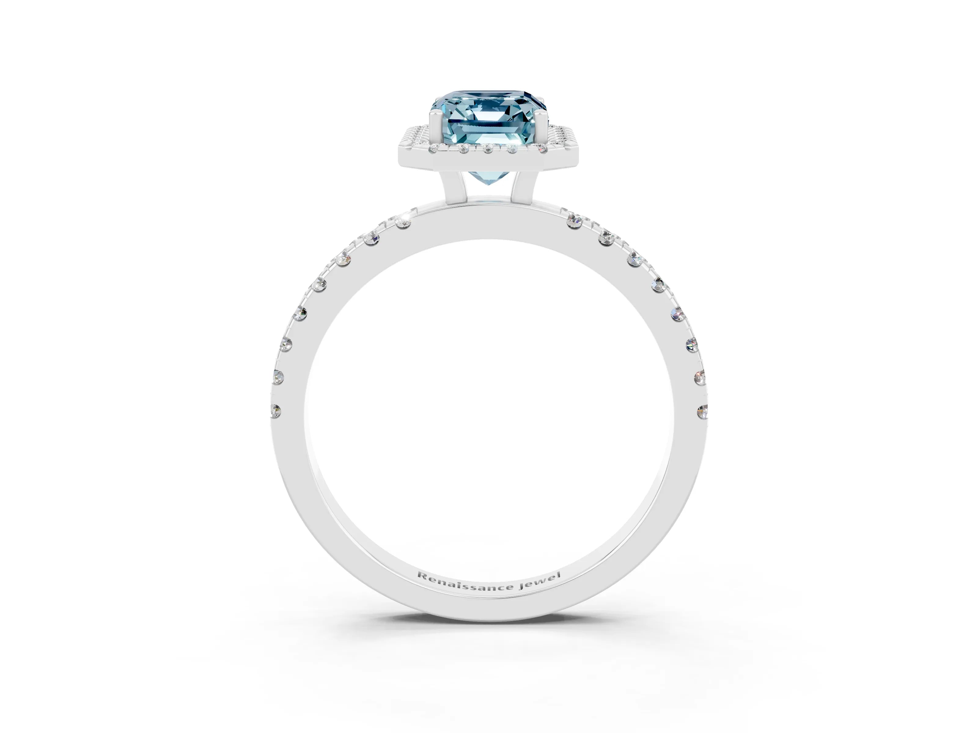 White gold Emerald Cut Halo Diamond Pave Band with Prong Setting_3