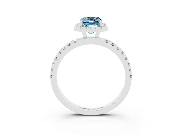 Platinum Emerald Cut Aquamarine Classic Halo Engagement Ring with Round Pavé Band and Prong Setting