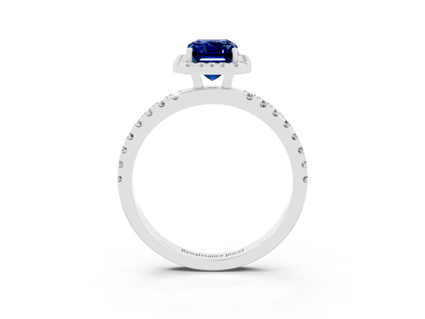 White gold Emerald Cut Blue Sapphire Classic Halo Engagement Ring with Round Pavé Band and Prong Setting