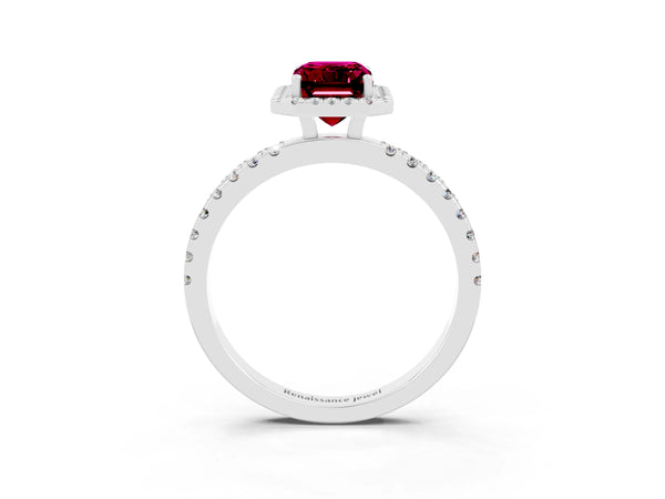 White gold Emerald Cut Garnet Classic Halo Engagement Ring with Round Pavé Band and Prong Setting