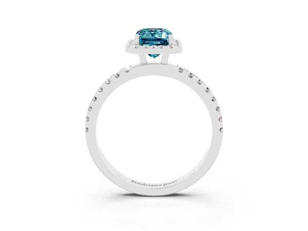 White gold Emerald Cut Halo Diamond Pave Band with Prong Setting