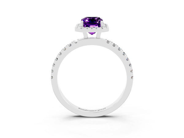 White gold Emerald Cut Amethyst Classic Halo Engagement Ring with Round Pavé Band and Prong Setting