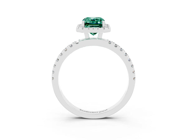 Platinum Emerald Cut Green Sapphire Classic Halo Engagement Ring with Round Pavé Band and Prong Setting