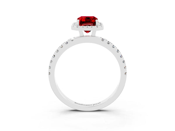 Platinum Emerald Cut Halo Diamond Pave Band with Prong Setting