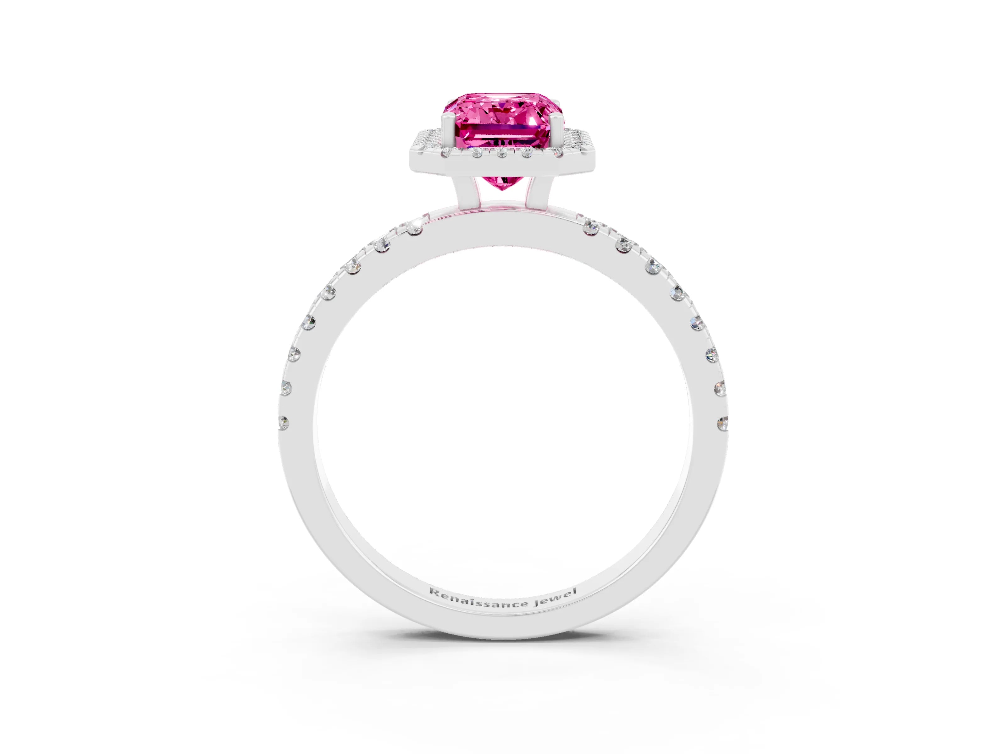 White gold Emerald Cut Halo Diamond Pave Band with Prong Setting_3