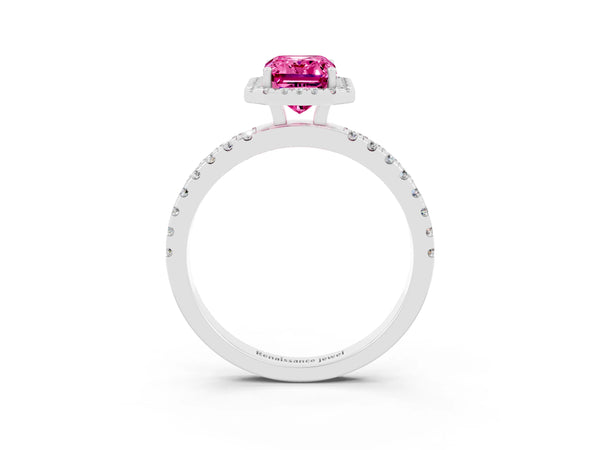 Platinum Emerald Cut Pink Sapphire Classic Halo Engagement Ring with Round Pavé Band and Prong Setting