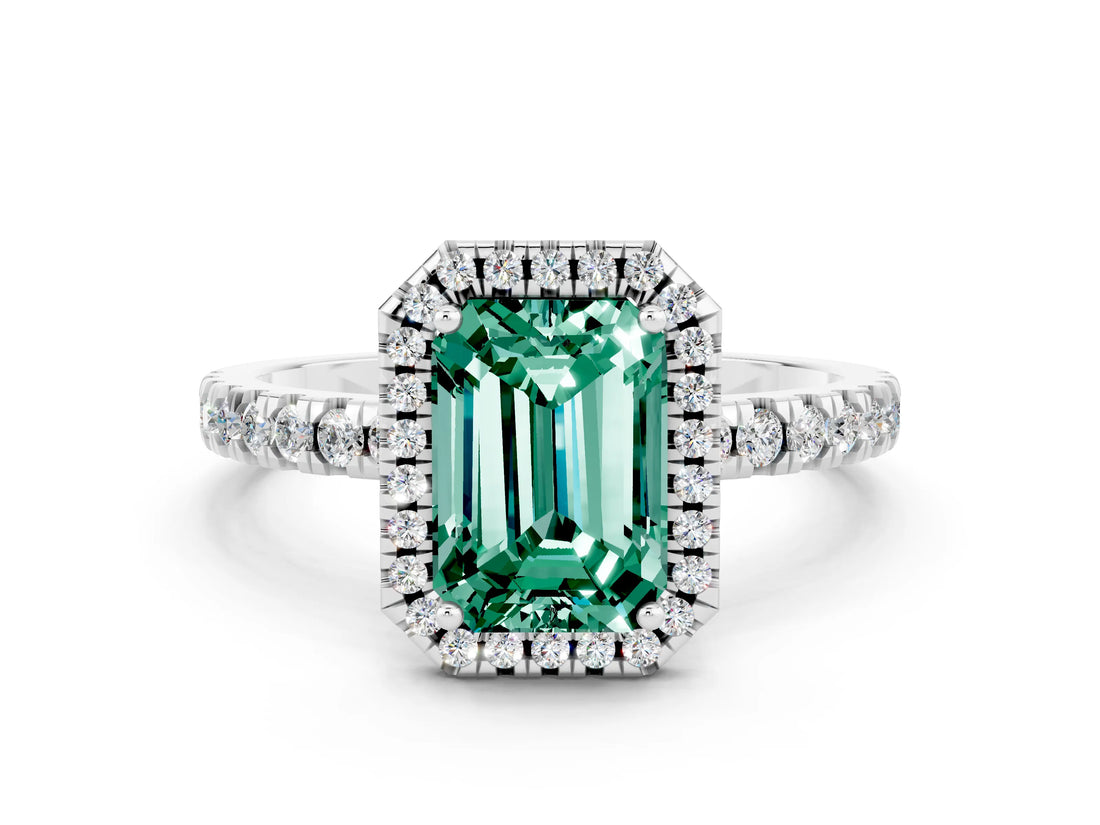 White gold Emerald Cut Halo Diamond Pave Band with Prong Setting
