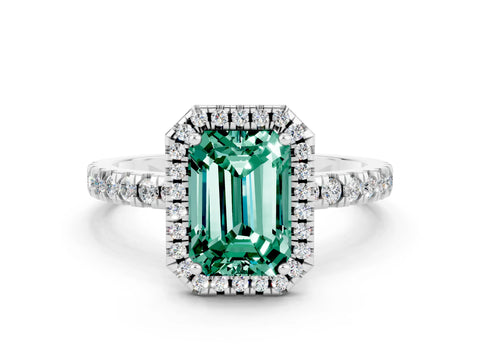 White gold Emerald Cut Halo Diamond Pave Band with Prong Setting