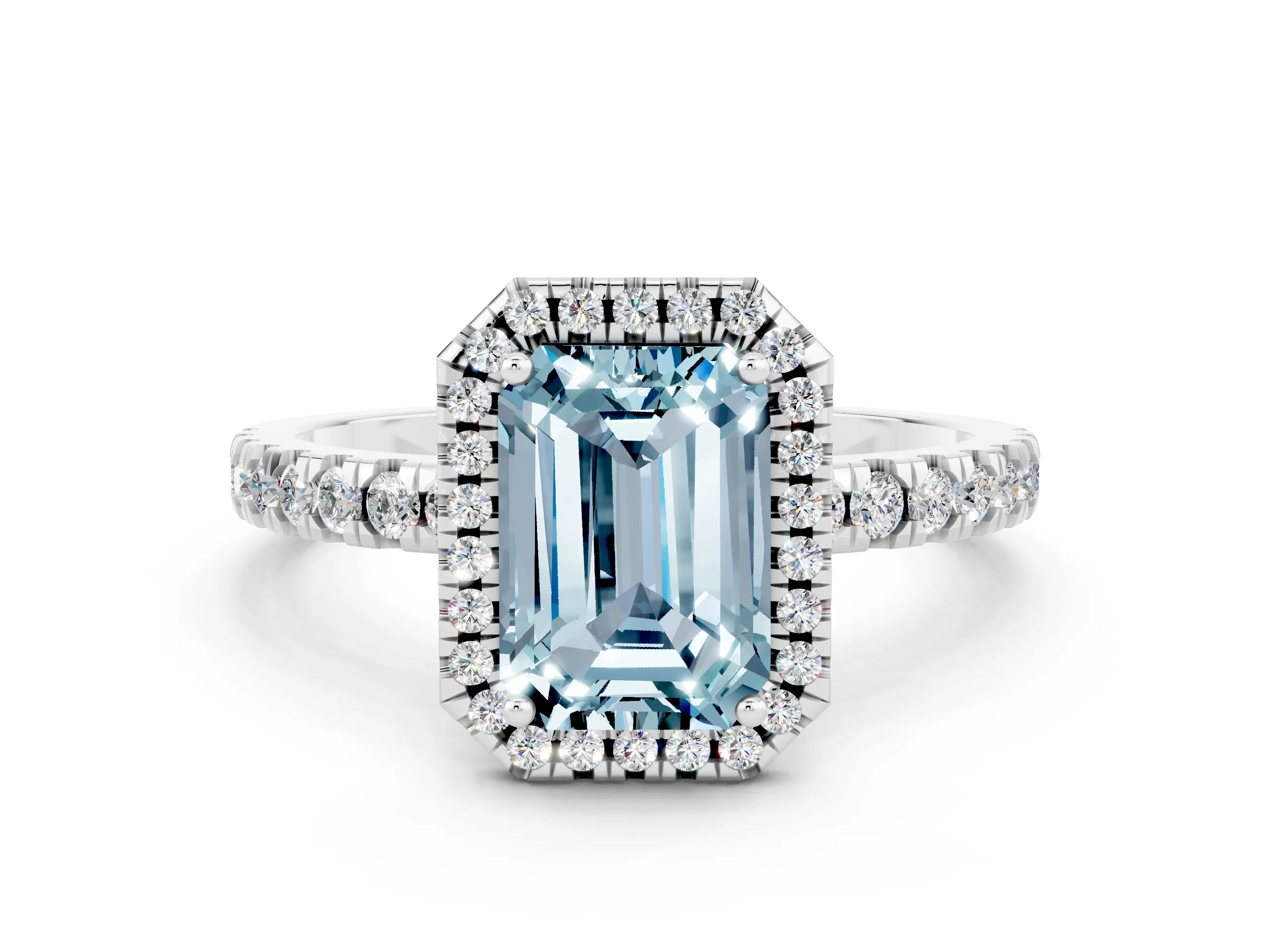 White gold Emerald Cut Halo Diamond Pave Band with Prong Setting