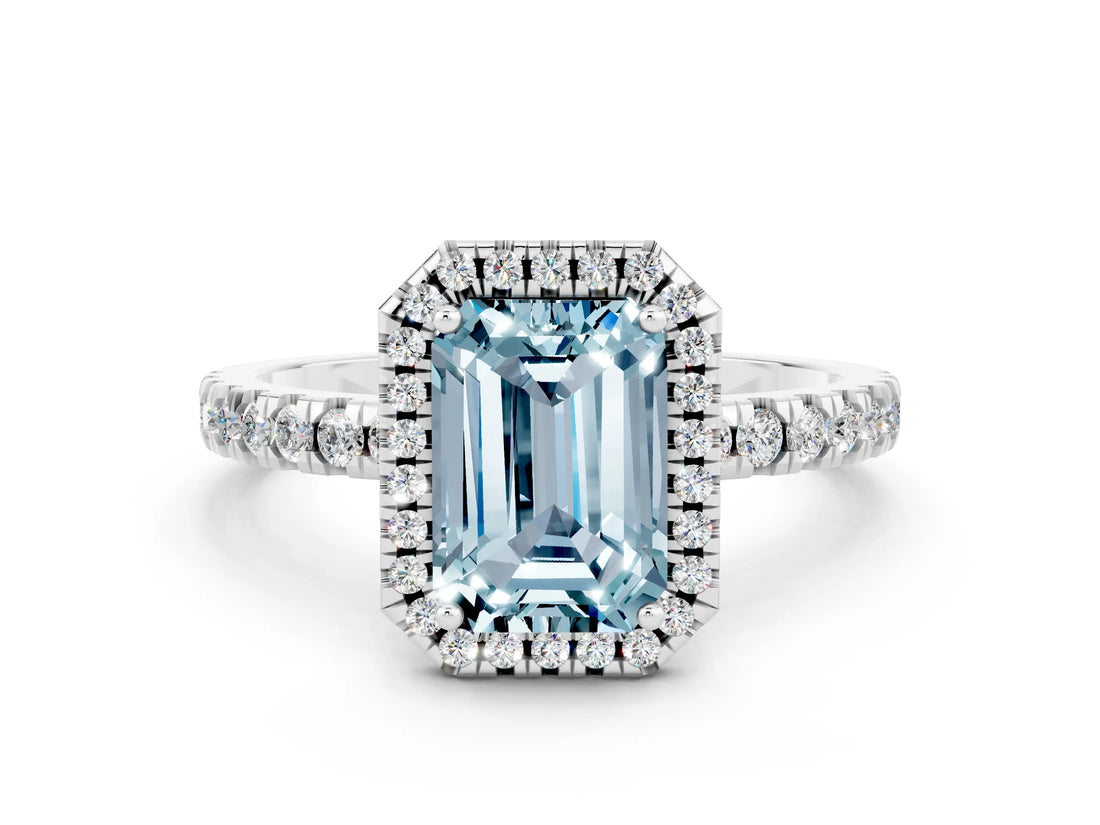 White gold Emerald Cut Halo Diamond Pave Band with Prong Setting