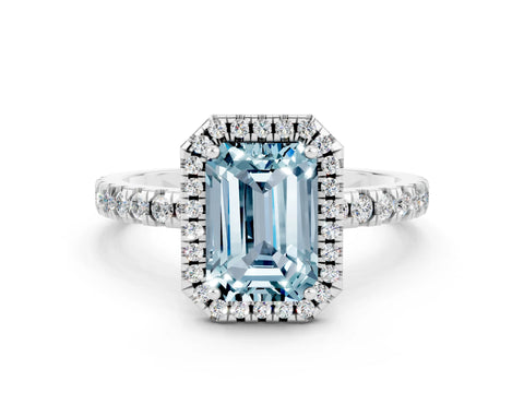 White gold Emerald Cut Halo Diamond Pave Band with Prong Setting