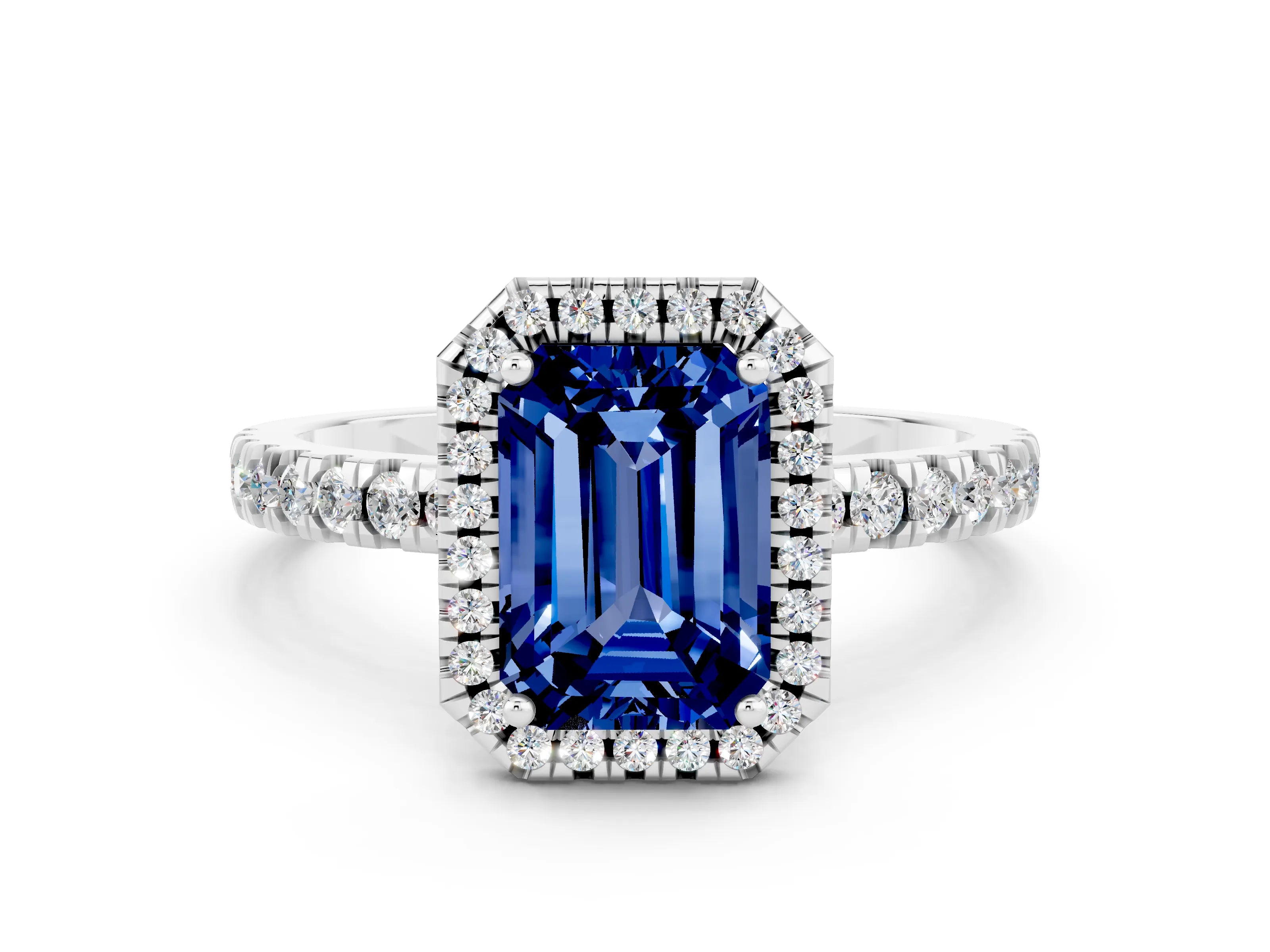 White gold Emerald Cut Halo Diamond Pave Band with Prong Setting