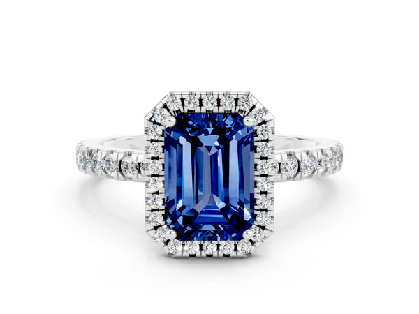Silver Emerald Cut Blue Sapphire Classic Halo Engagement Ring with Round Pavé Band and Prong Setting