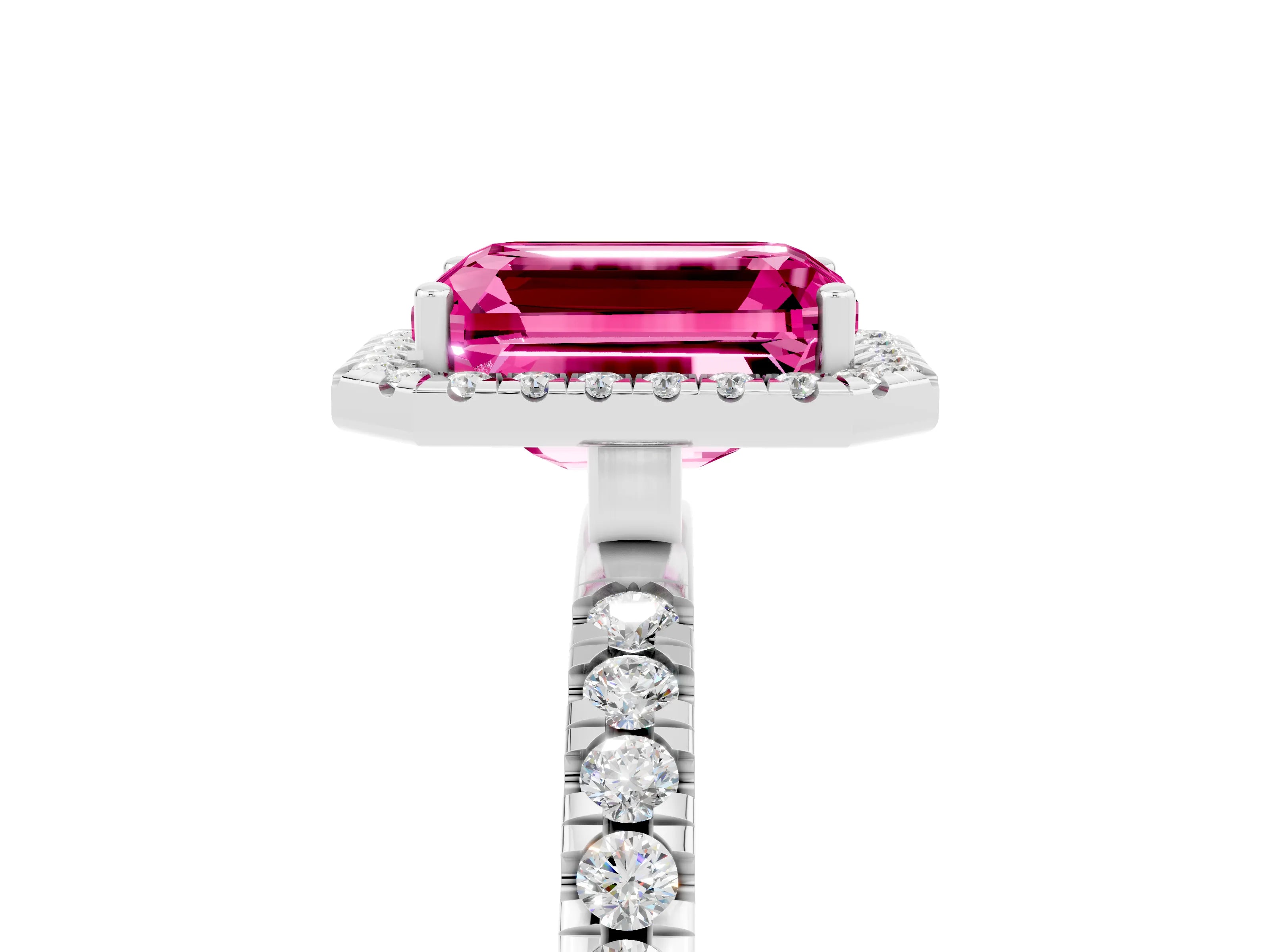 White gold Emerald Cut Halo Diamond Pave Band with Prong Setting_5