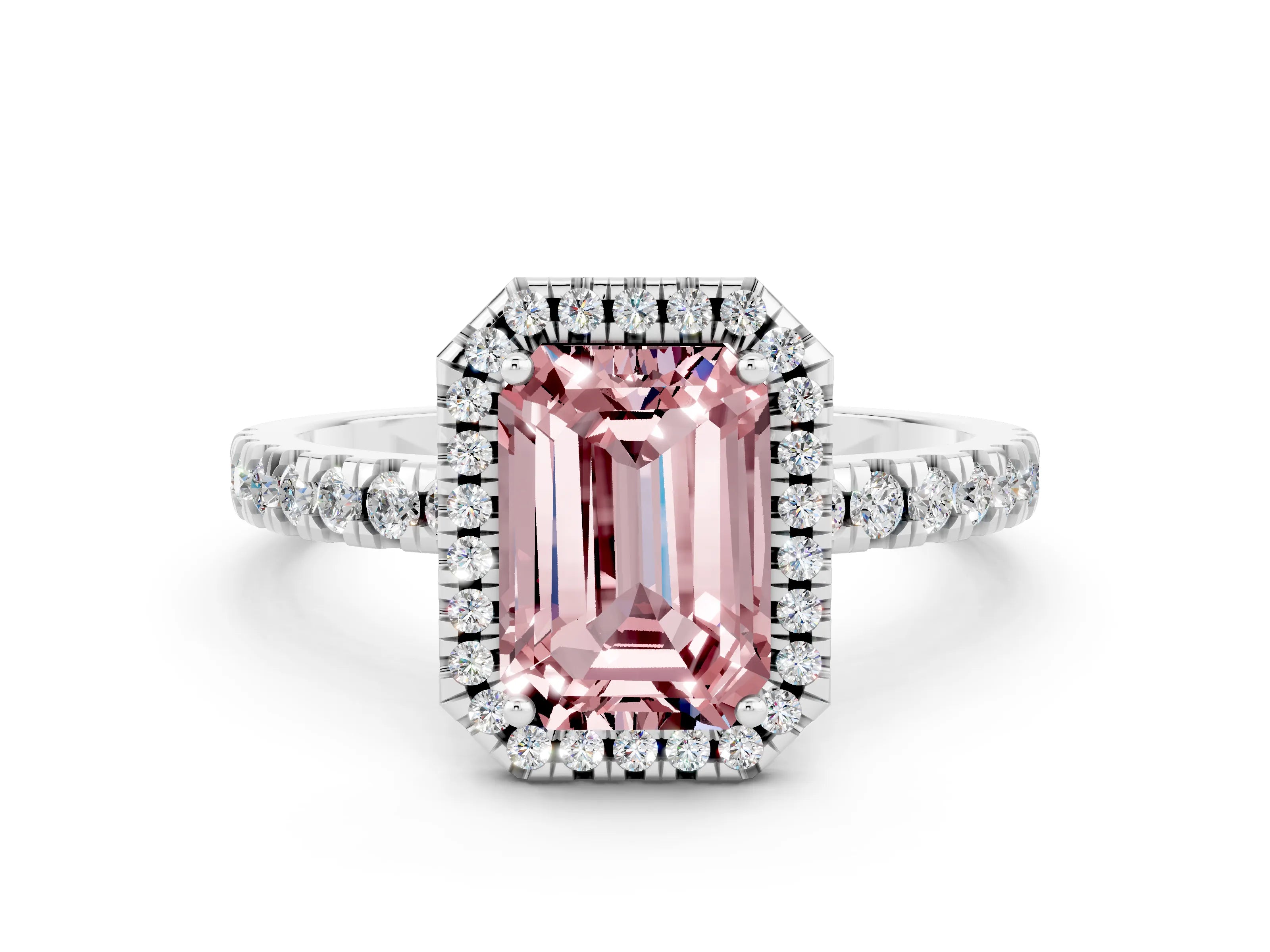 White gold Emerald Cut Halo Diamond Pave Band with Prong Setting