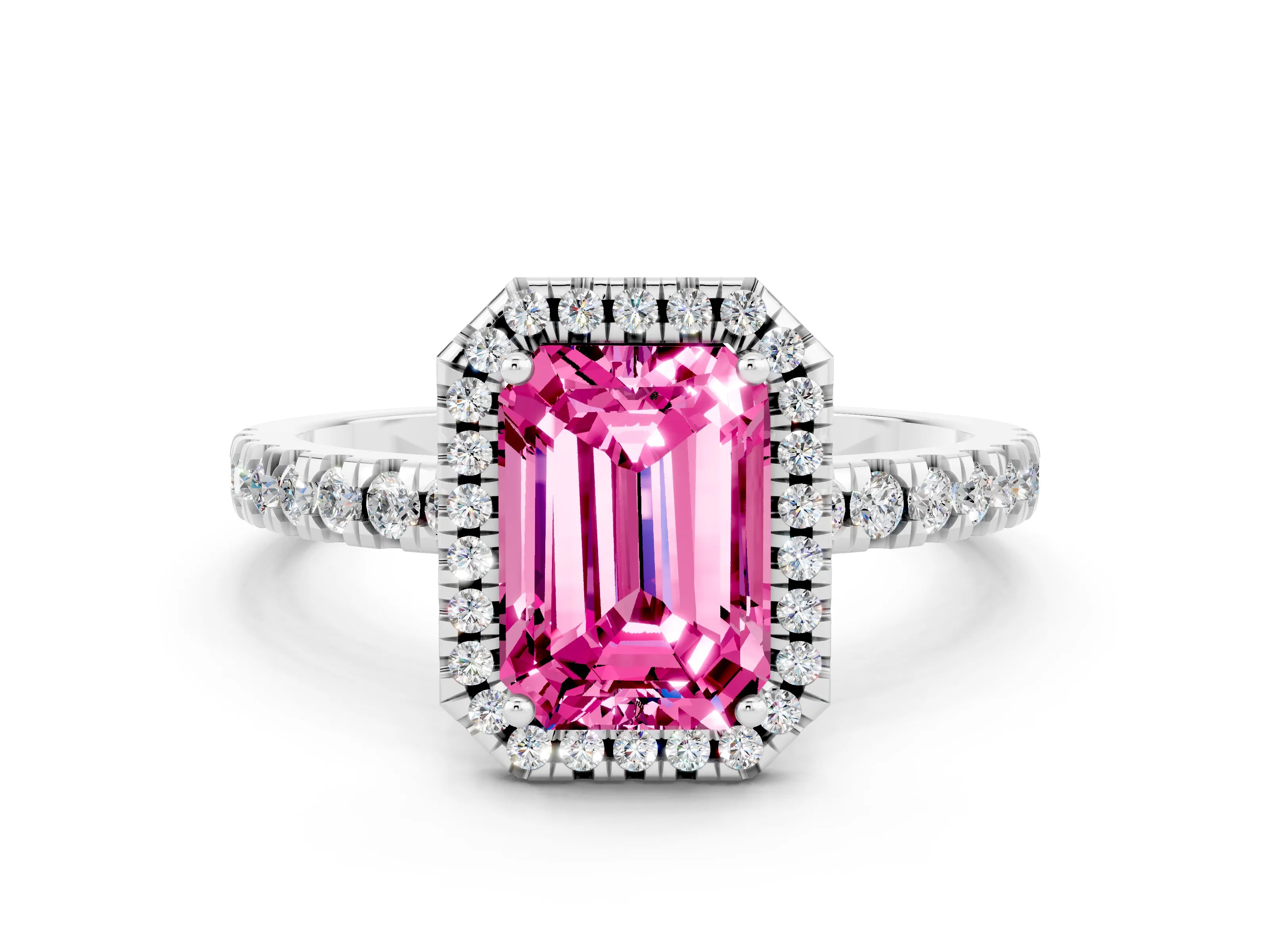 White gold Emerald Cut Halo Diamond Pave Band with Prong Setting