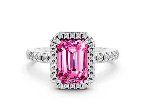 White gold Emerald Cut Halo Diamond Pave Band with Prong Setting