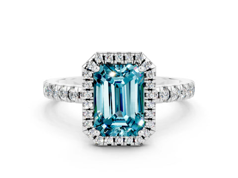 White gold Emerald Cut Halo Diamond Pave Band with Prong Setting