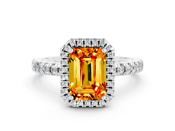 White gold Emerald Cut Citrine Classic Halo Engagement Ring with Round Pavé Band and Prong Setting