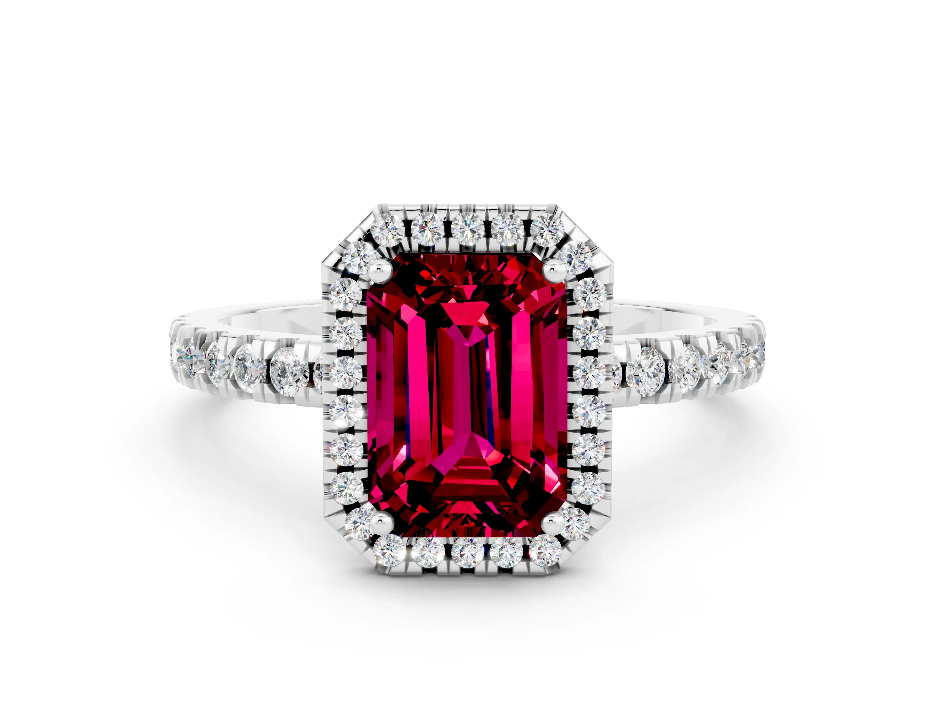 White gold Emerald Cut Halo Diamond Pave Band with Prong Setting