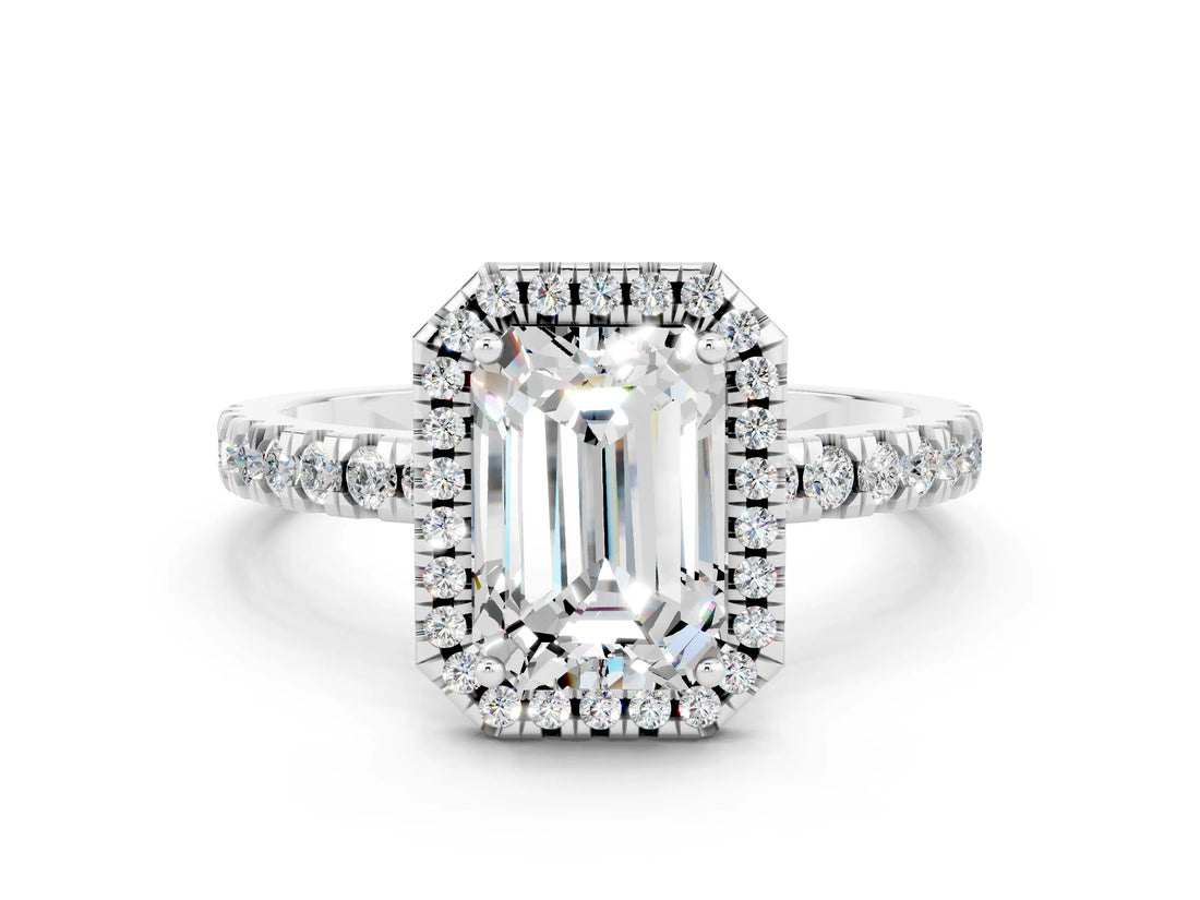 White gold Emerald Cut Halo Diamond Pave Band with Prong Setting