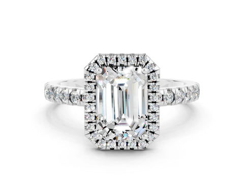 White gold Emerald Cut Halo Diamond Pave Band with Prong Setting