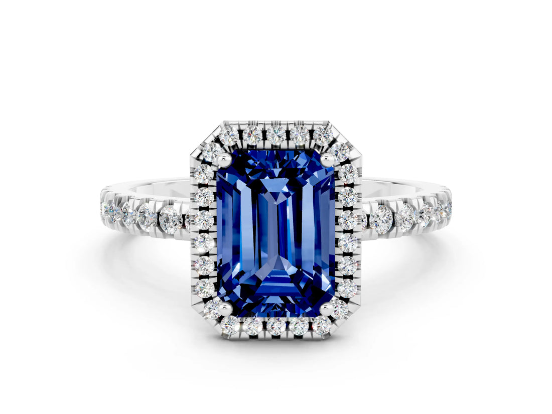 White gold Emerald Cut Halo Diamond Pave Band with Prong Setting