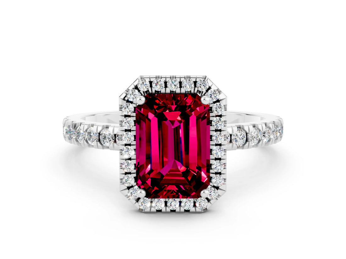 White gold Emerald Cut Halo Diamond Pave Band with Prong Setting