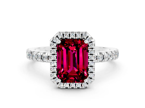 White gold Emerald Cut Garnet Classic Halo Engagement Ring with Round Pavé Band and Prong Setting
