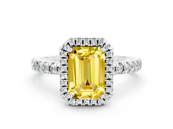Platinum Emerald Cut Yellow Sapphire Classic Halo Engagement Ring with Round Pavé Band and Prong Setting