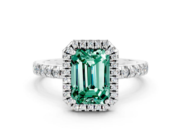 Platinum Emerald Cut Green Sapphire Classic Halo Engagement Ring with Round Pavé Band and Prong Setting