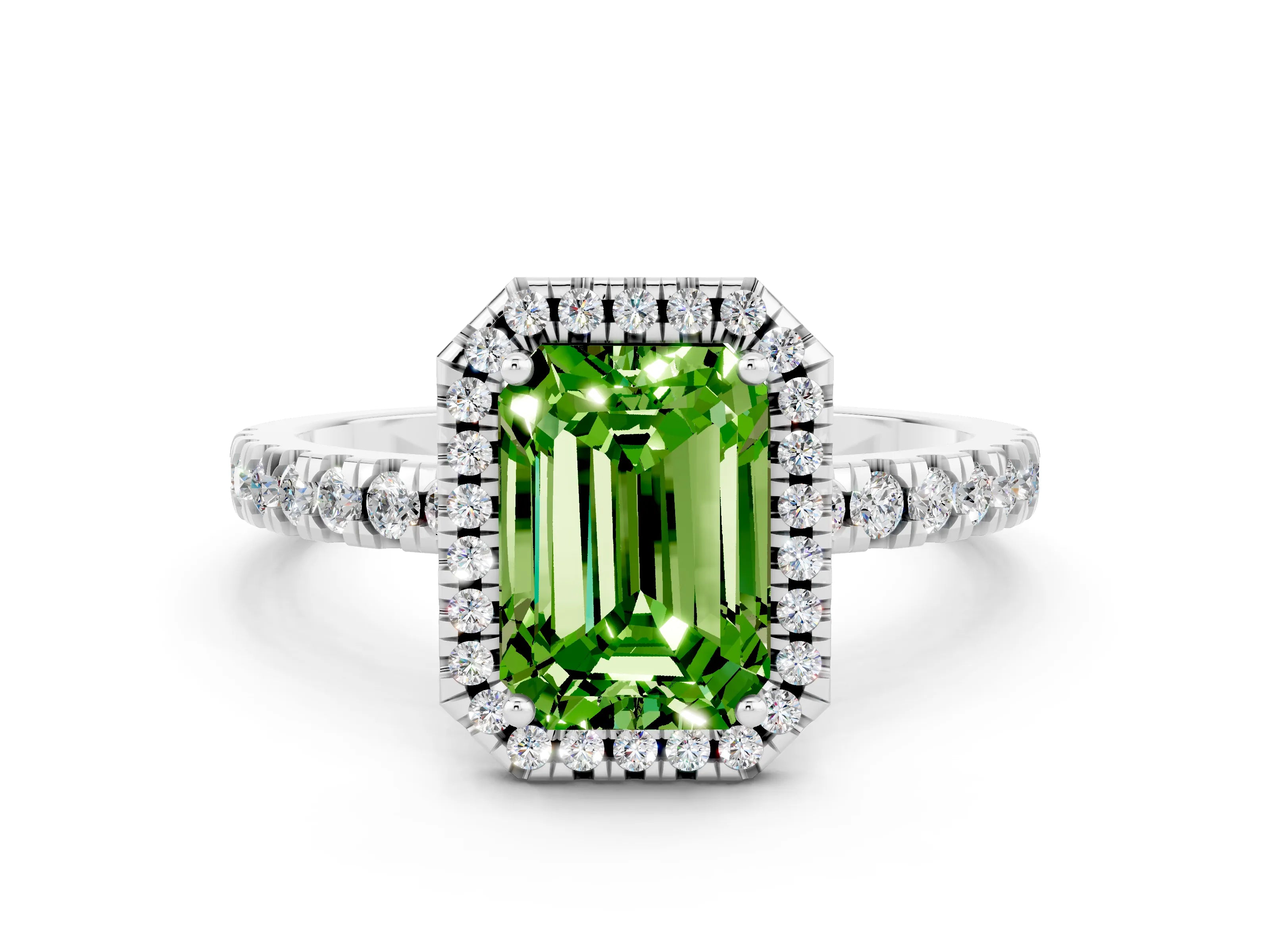 White gold Emerald Cut Halo Diamond Pave Band with Prong Setting