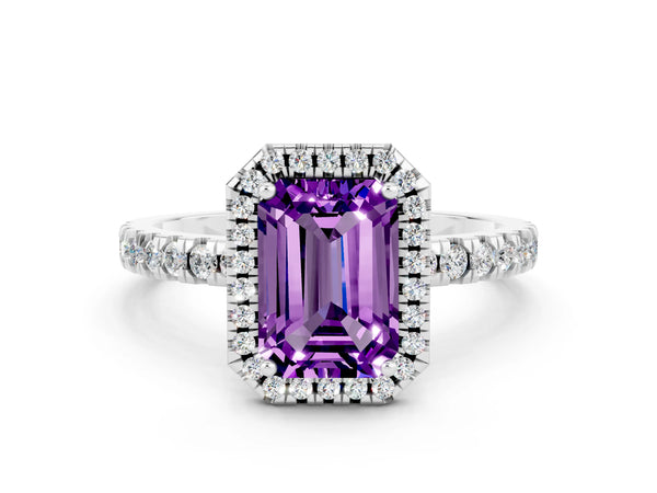 Platinum Emerald Cut Amethyst Classic Halo Engagement Ring with Round Pavé Band and Prong Setting