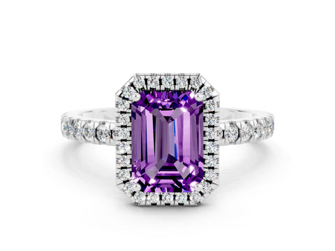 White gold Emerald Cut Halo Diamond Pave Band with Prong Setting