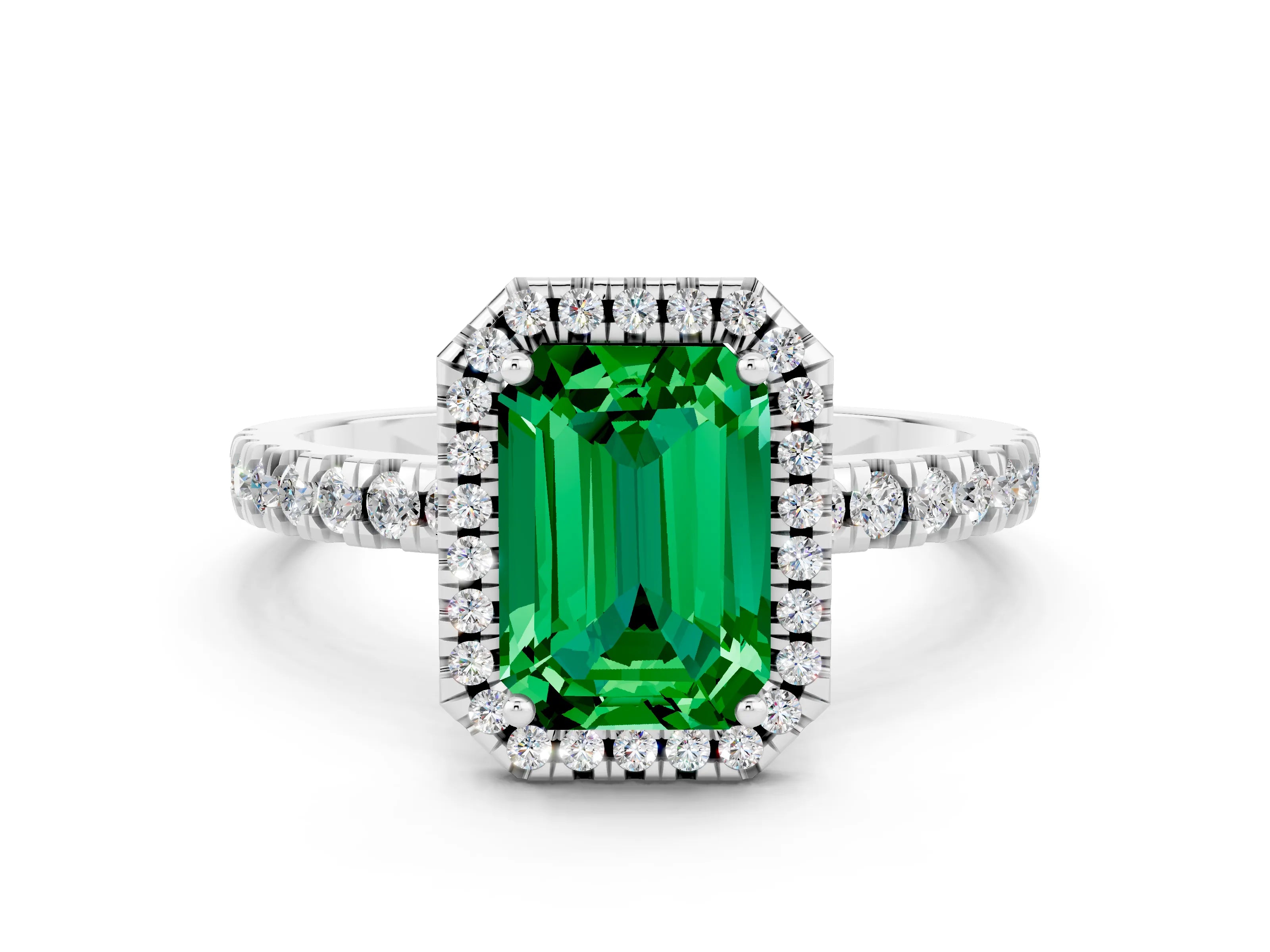 White gold Emerald Cut Halo Diamond Pave Band with Prong Setting
