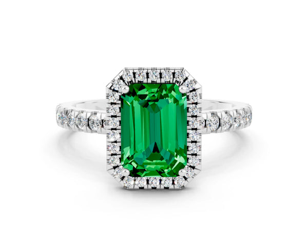 Silver Emerald Cut Emerald Classic Halo Engagement Ring with Round Pavé Band and Prong Setting