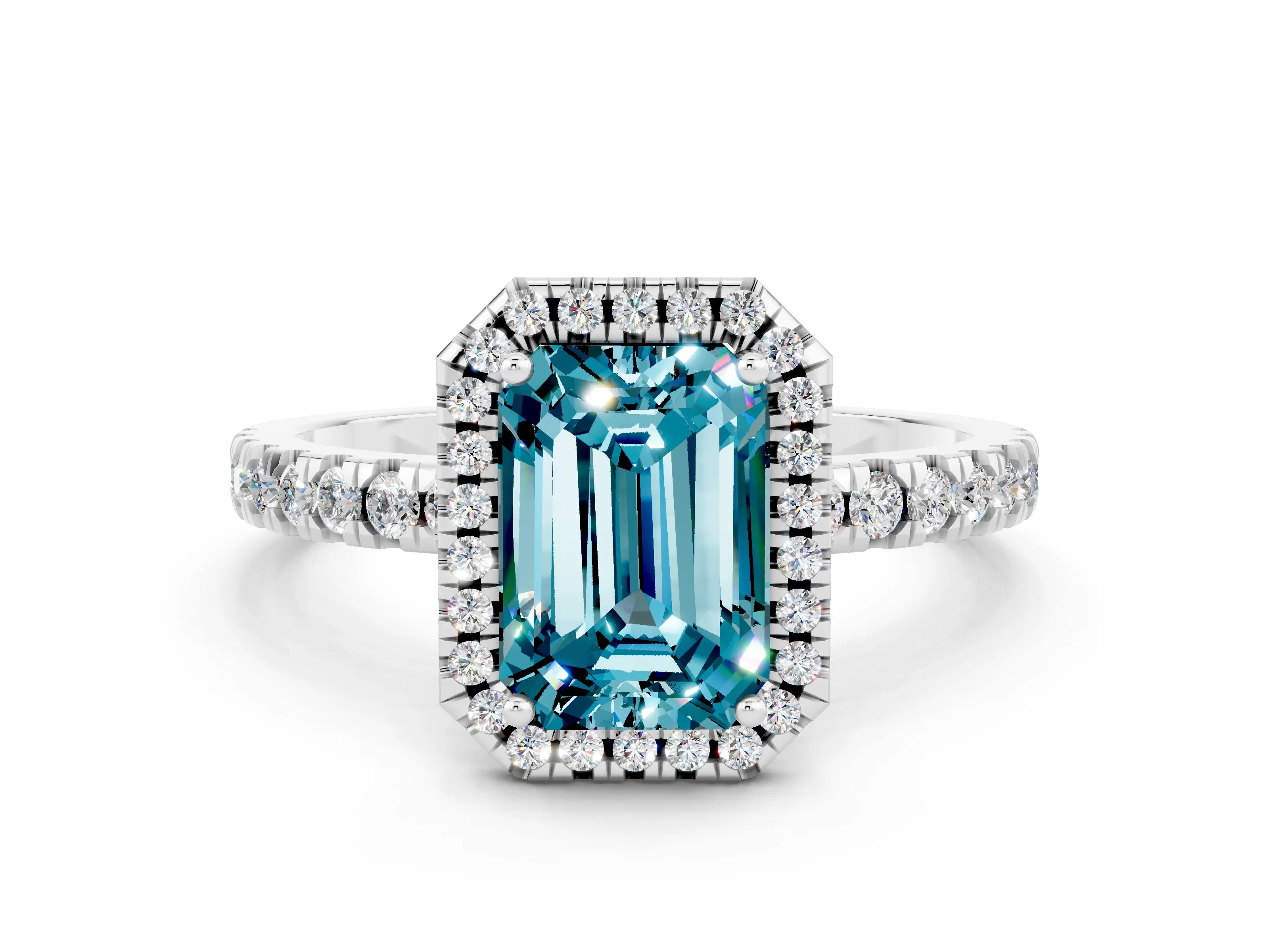 White gold Emerald Cut Halo Diamond Pave Band with Prong Setting