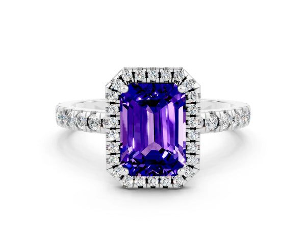 Silver Emerald Cut Tanzanite Classic Halo Engagement Ring with Round Pavé Band and Prong Setting