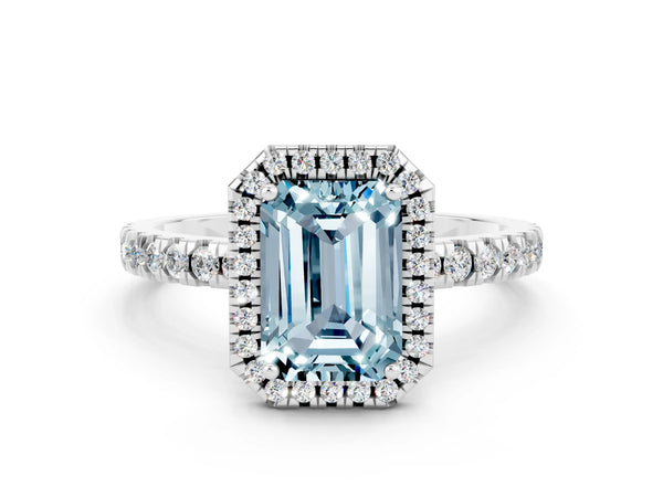 Silver Emerald Cut Aquamarine Classic Halo Engagement Ring with Round Pavé Band and Prong Setting
