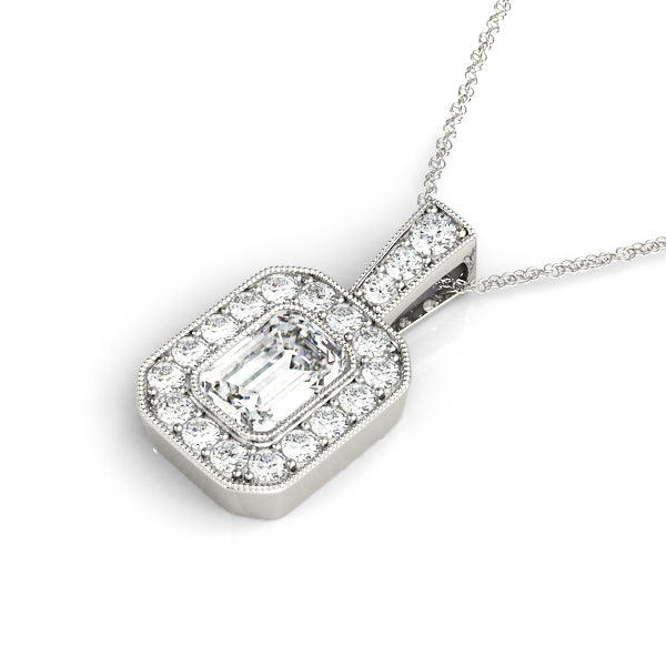 White gold Emerald Cut Halo Diamond Pendant with Pavé Setting 1