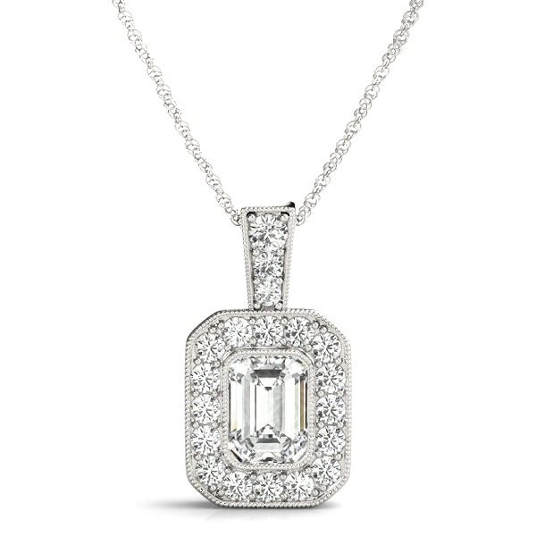 White gold Emerald Cut Halo Diamond Pendant with Pavé Setting