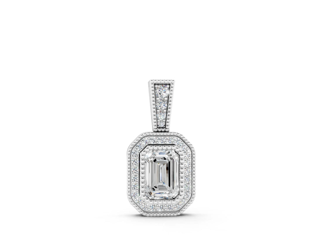 White gold Emerald Cut Halo Diamond Pendant with Pavé Setting_8