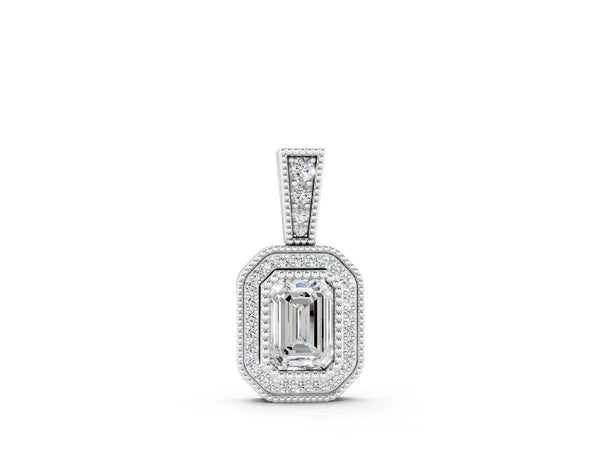 White gold Emerald Cut Halo Diamond Pendant with Pavé Setting