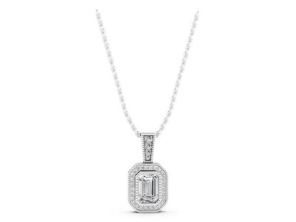White gold Emerald Cut Halo Diamond Pendant with Pavé Setting