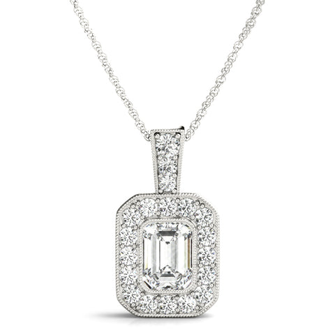 White gold Emerald Cut Halo Diamond Pendant with Pavé Setting