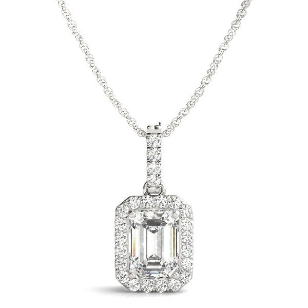 White gold Emerald Cut Halo Diamond Pendant with Prong Setting